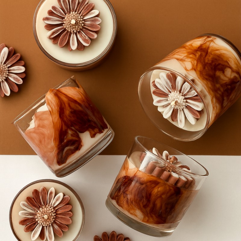 Velas decorativas en tarros de cristal con acabados artesanales y flores de cera